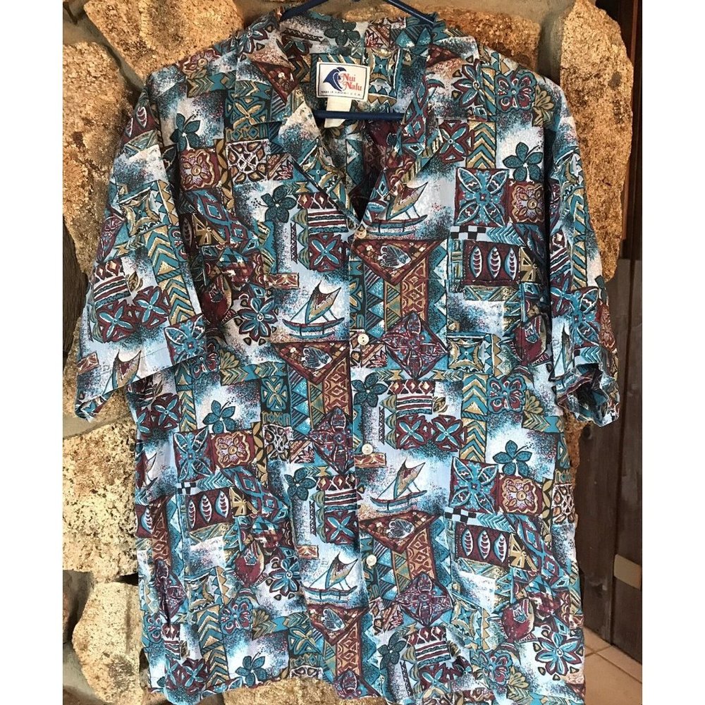 Vintage NUI NALU Mens Cotton Teal Floral Hawaiian Buttonfront Shirt Size Large